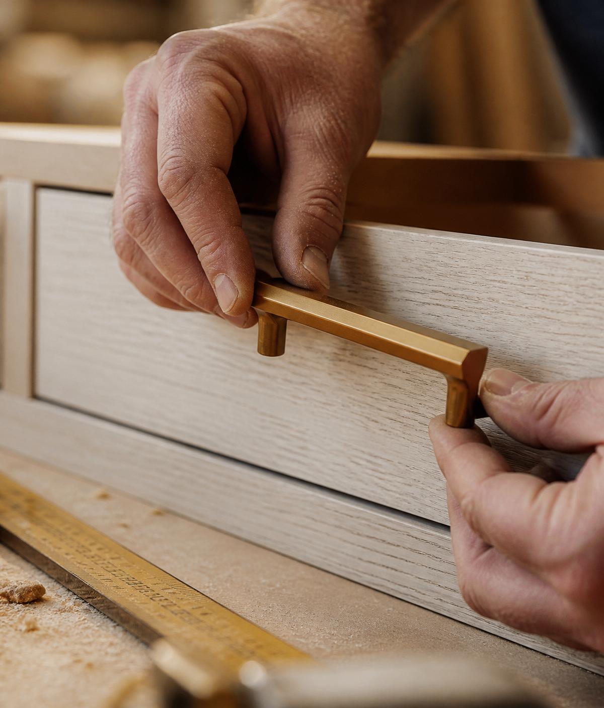 Craftsman fitting a solid brass pull on a hand-finished drawer