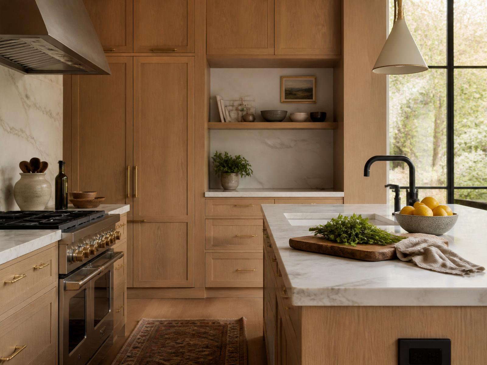 White oak custom kitchen with marble island and brass hardware
