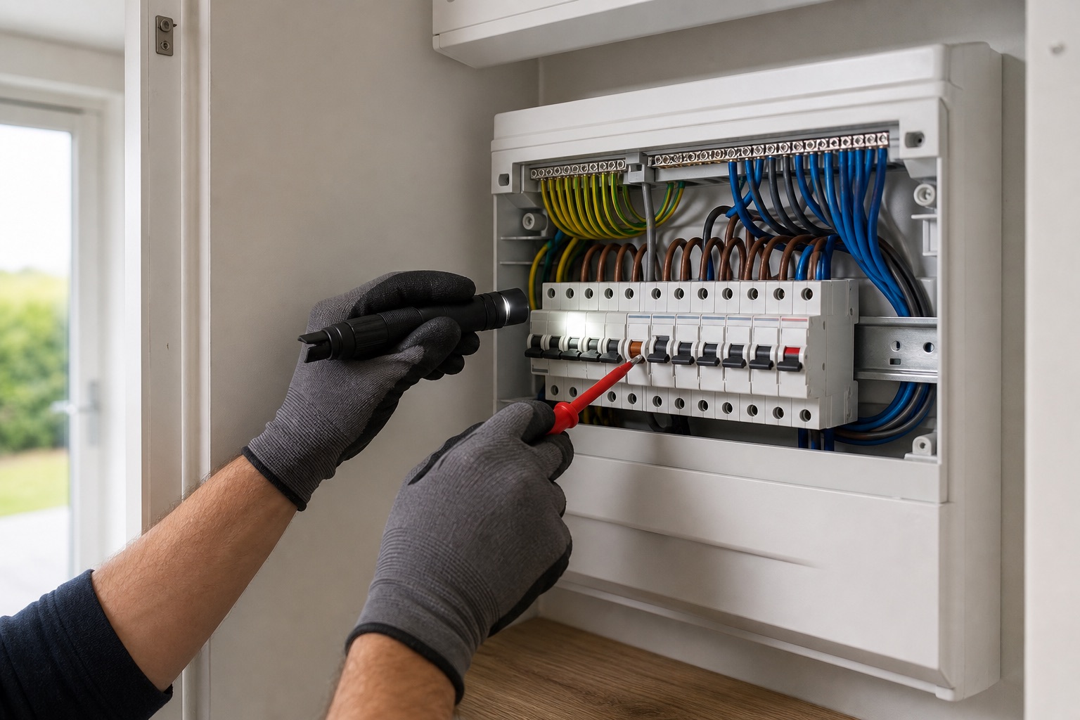 Irish electrician inspecting a modern consumer unit